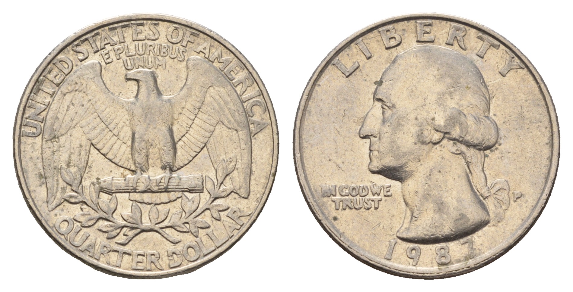 США 25 центов (квотер) 1987 P, Джордж Вашингтон KM А164а медь плакированная медно-никелем 4681-235