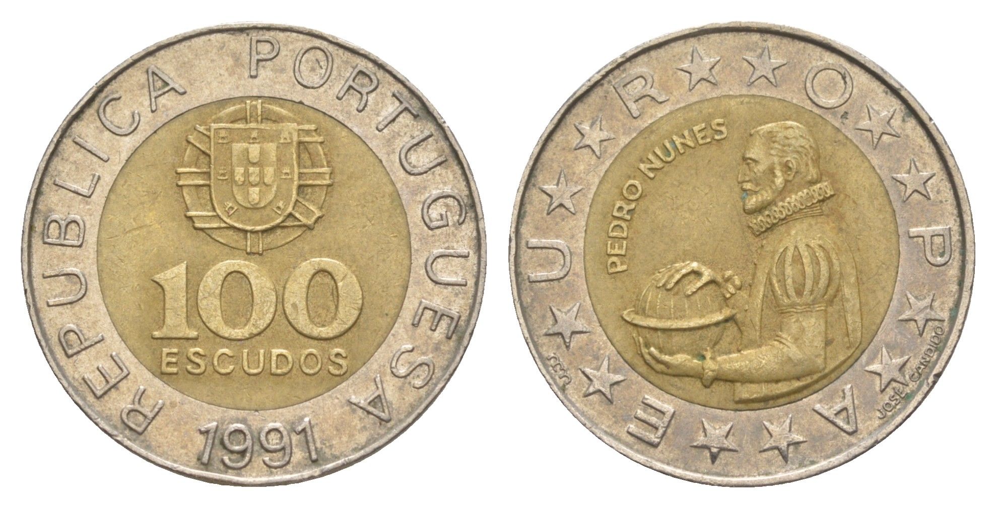 Португалия 100 эскудо 1991 Педру Нуниш (1502-1578), математик KM 645 биметалл 4390-424