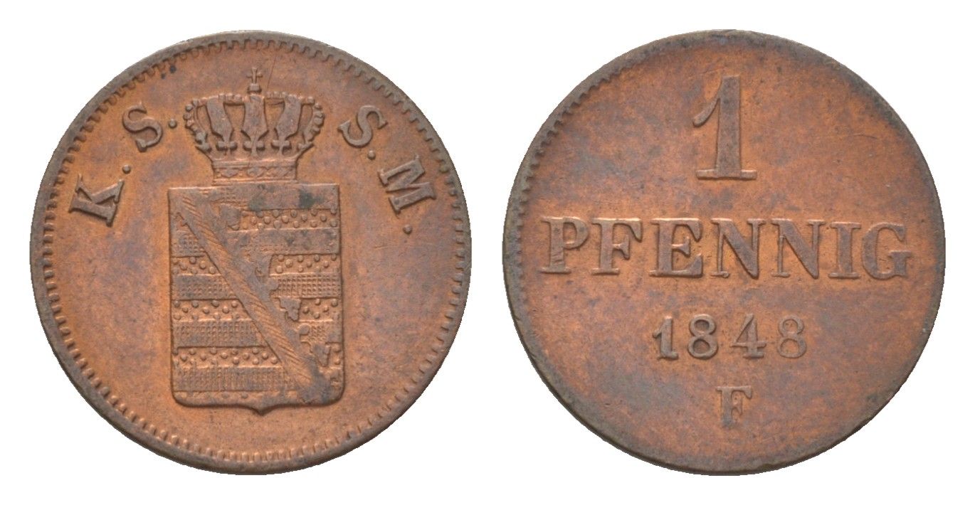 Саксония 1 пфенниг 1848 F, Фридрих Август II (1836-1854) KM 1155 медь 4625-1015