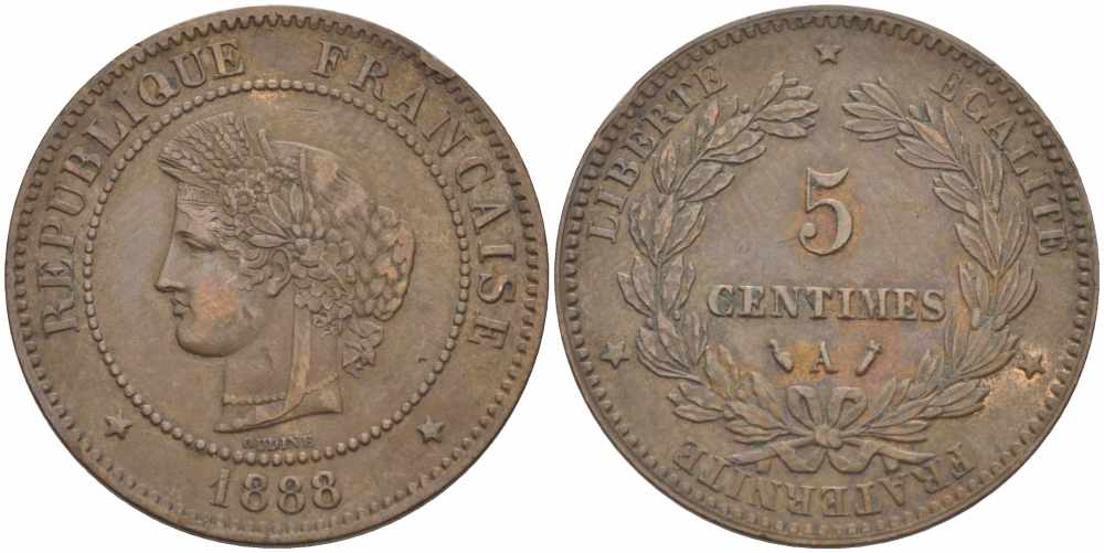 ФРАНЦИЯ 5 САНТИМОВ 1888 A, ТРЕТЬЯ РЕСПУБЛИКА (1871-1940) KM 821.1, LE FRANC 118.31 бронза 108-734