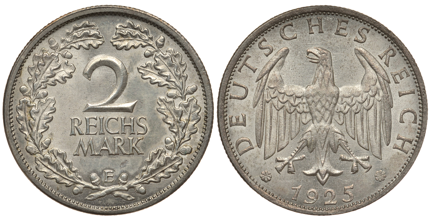 ГЕРМАНИЯ 2 РЕЙХСМАРКИ 1925 E J. 320, KM 45 серебро aUNC 02-227-54