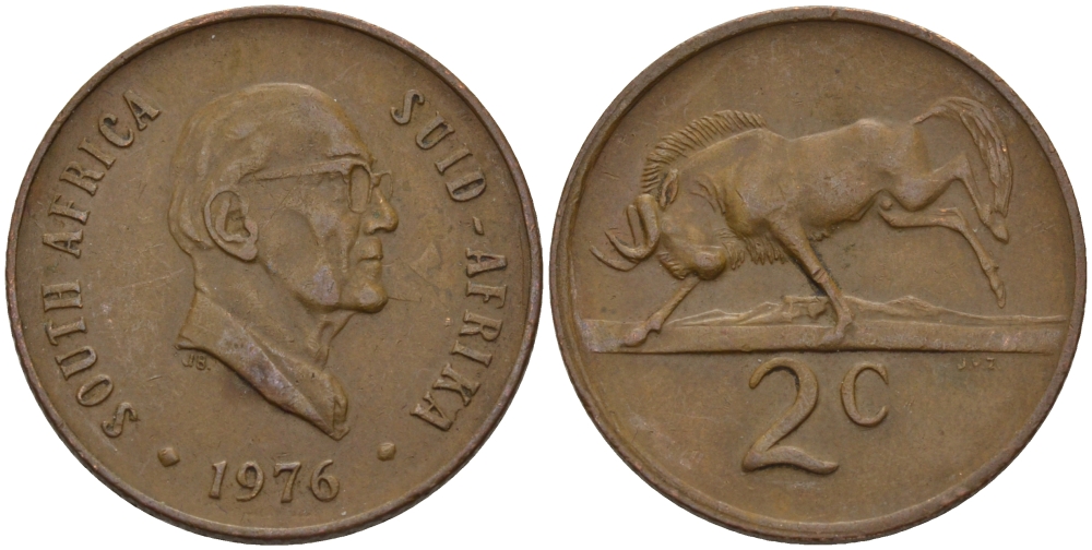 ЮАР 2 ЦЕНТА 1976 ПРЕЗИДЕНТ ЯКОБУС ЙОХАННЕС ФУШЕ, АНТИЛОПА ГНУ KM 92 бронза 67-322