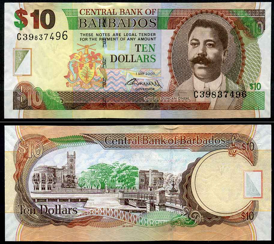 Барбадос 10 долларов 2007 Чарльз Дункан Онил, врач и политический деятель, подпись WORRELL Pick 68 b бумага UNC (пресс) 7202-7-1