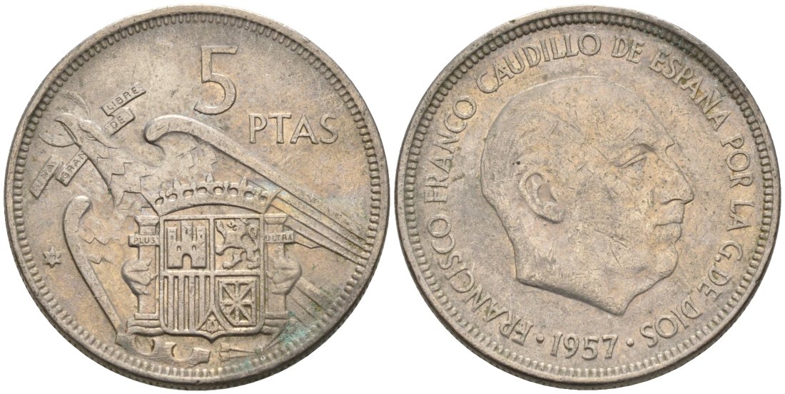 Испания 5 песет 1957 (71) Франсиско Франко (1939-1975) KM 786 медно-никель 4573-934