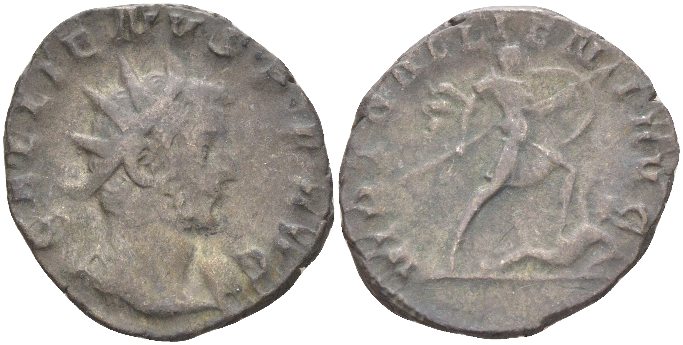 Римская Империя антониниан 258 - 259 Галлиен, бюст императора, GALLIENVS P F AVG / император, поражающий ВРАГА, VIRT GALLIENI AVG, Колония Агриппины RIC 54 биллон 1073-12-47