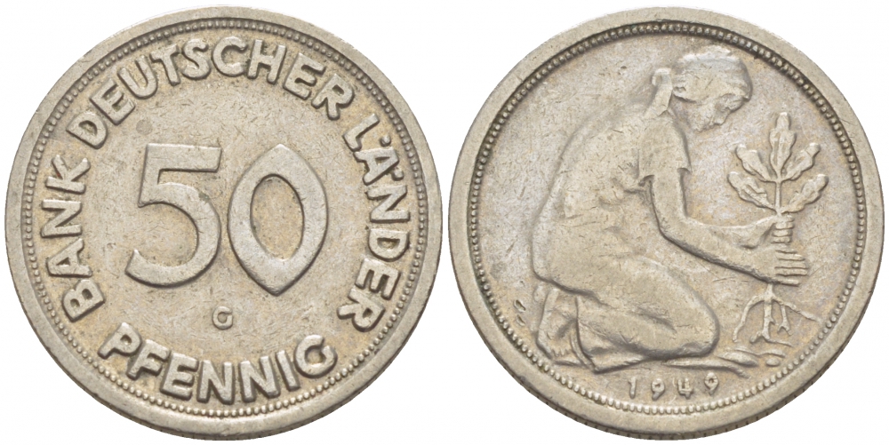 ФРГ 50 пфеннигов 1949 G KM 104, J. 379 медно-никель 112-944