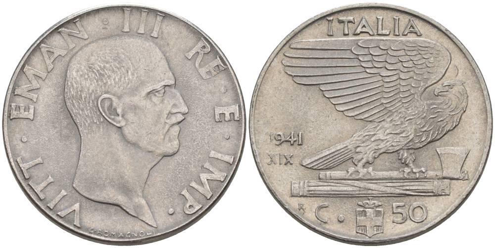 ИТАЛИЯ 50 ЧЕНТЕЗИМО 1941 R, ГОД XIX, ВИКТОР ЭММАНУИЛ III (1900-1946) KM 76b, VEM3. 1063 нержавеющая сталь 3853-337