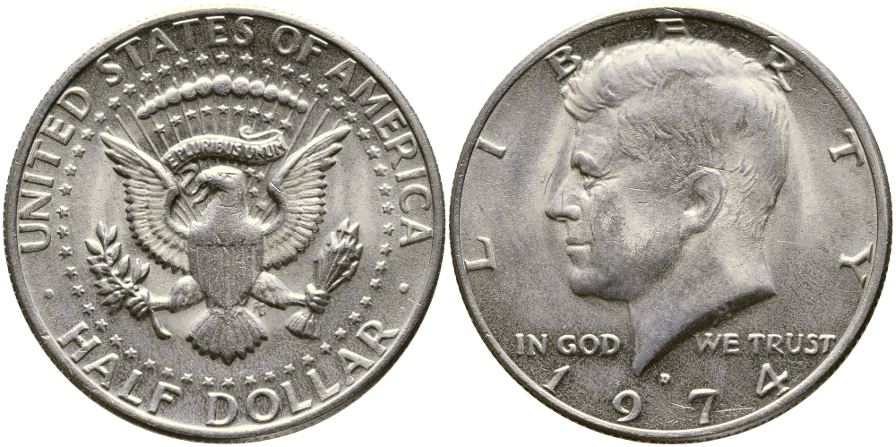 США 1/2 доллара (50 центов) 1974 D, Джон Кеннеди KM 202b медь плакированная медно-никелем 1523-413