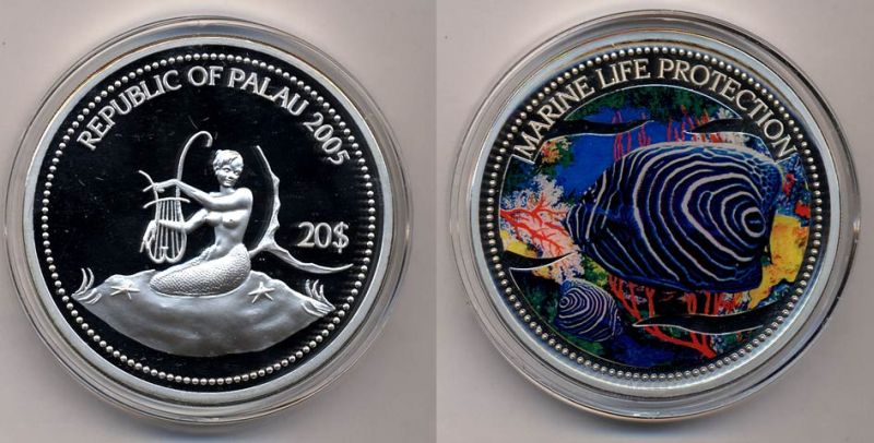 Палау 20 долларов 2005 русалка с лировй, рыба император, цветная эмаль, 155 г., 5 унций серебро PROOF 01-169-13-1