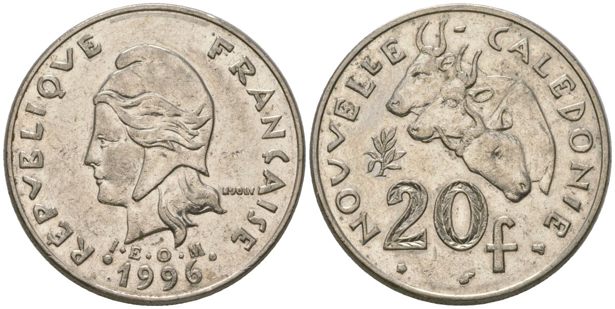 Французская Новая Каледония 20 франков 1996 три быка, (IEOM) KM 12, Schoen 14, Lec 115a никель 4131-434