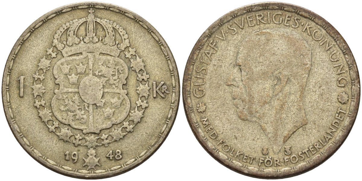 Швеция 1 крона 1948 TS, Густав V (1907-1950) KM 814 серебро 4148-1047
