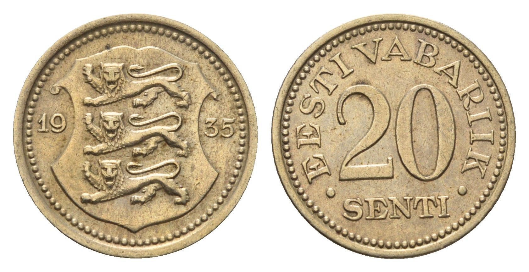 Эстония 20 сентов 1935 год-тип KM 17 никель латунь 4687-1262