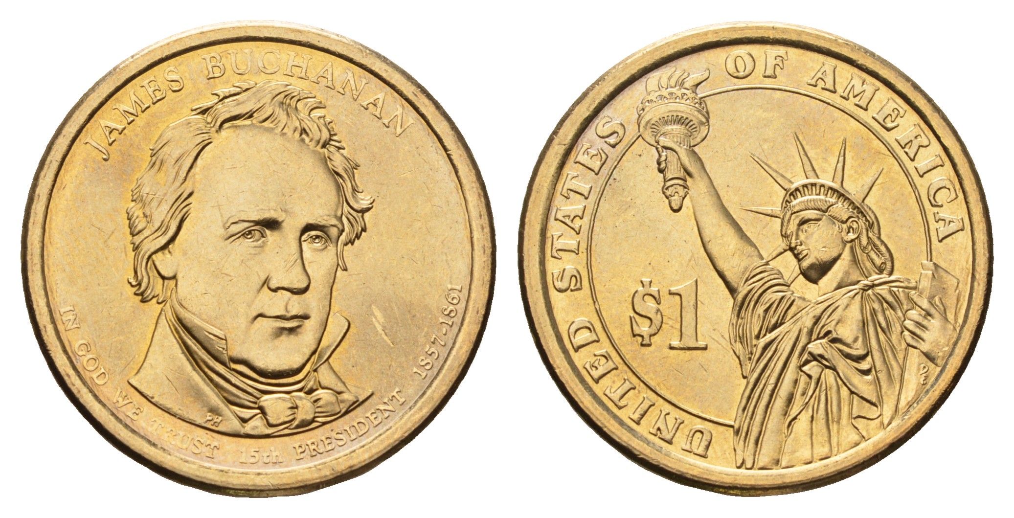 США 1 доллар 2010 D, Президент США - Джеймс Бьюкенен (1857-1861) KM 477 медь с марганцево-латунным покрытием UNC 4624-554