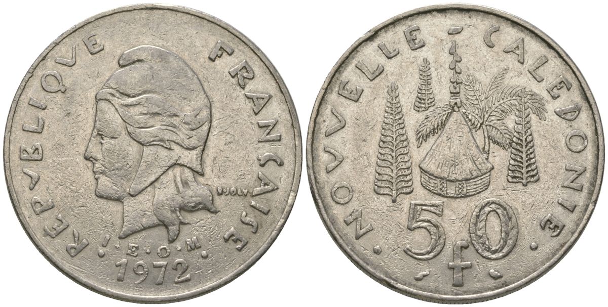 Французская Новая Каледония 50 франков 1972 хижина среди сосен и пальм, (IEOM) KM 13, Schoen 15, Lec 121 никель 111-512