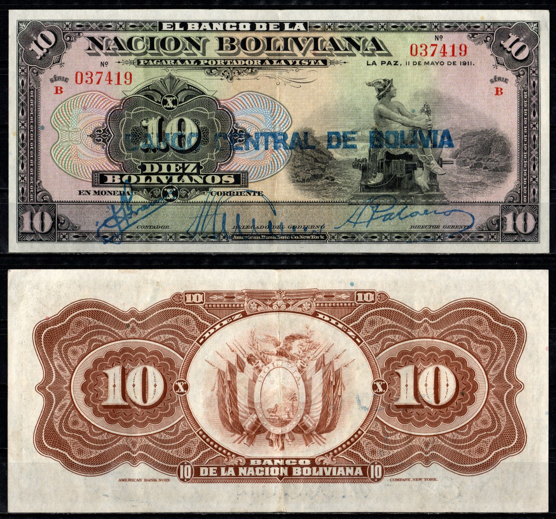 Боливия 10 боливиано 1911 (1929) надпечатка на Pick 107, серия B Pick 114 a(2)  бумага   451-1345-1