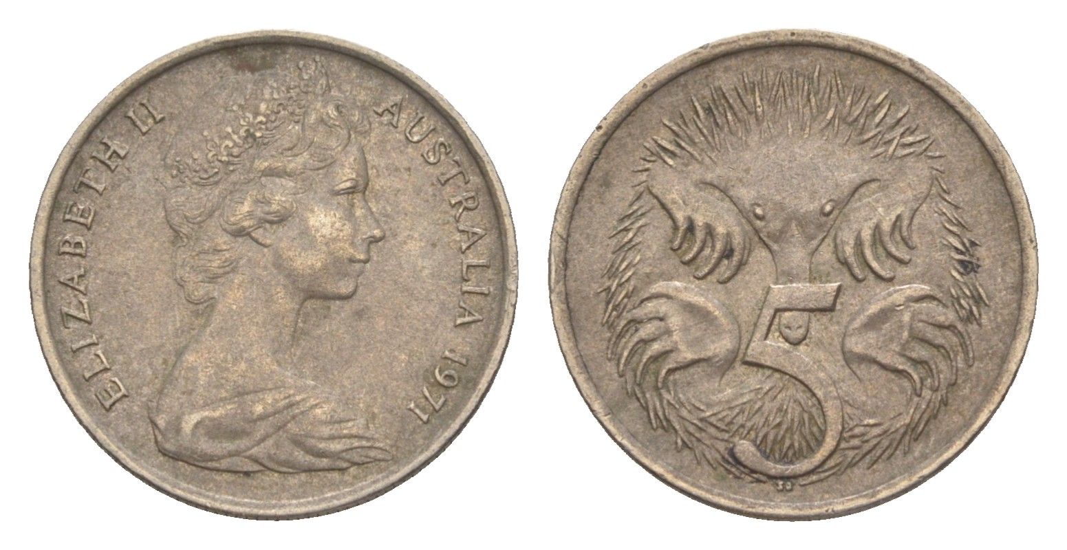 Австралия 5 центов 1971 Елизавета II (1952-2022) молодой портрет, ехидна KM 64 медно-никель 4151-963