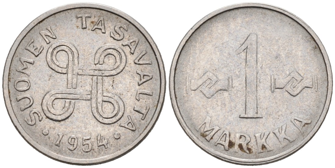 ФИНЛЯНДИЯ 1 МАРКА 1954 KM 38а железо плакированное никелем 192-1211