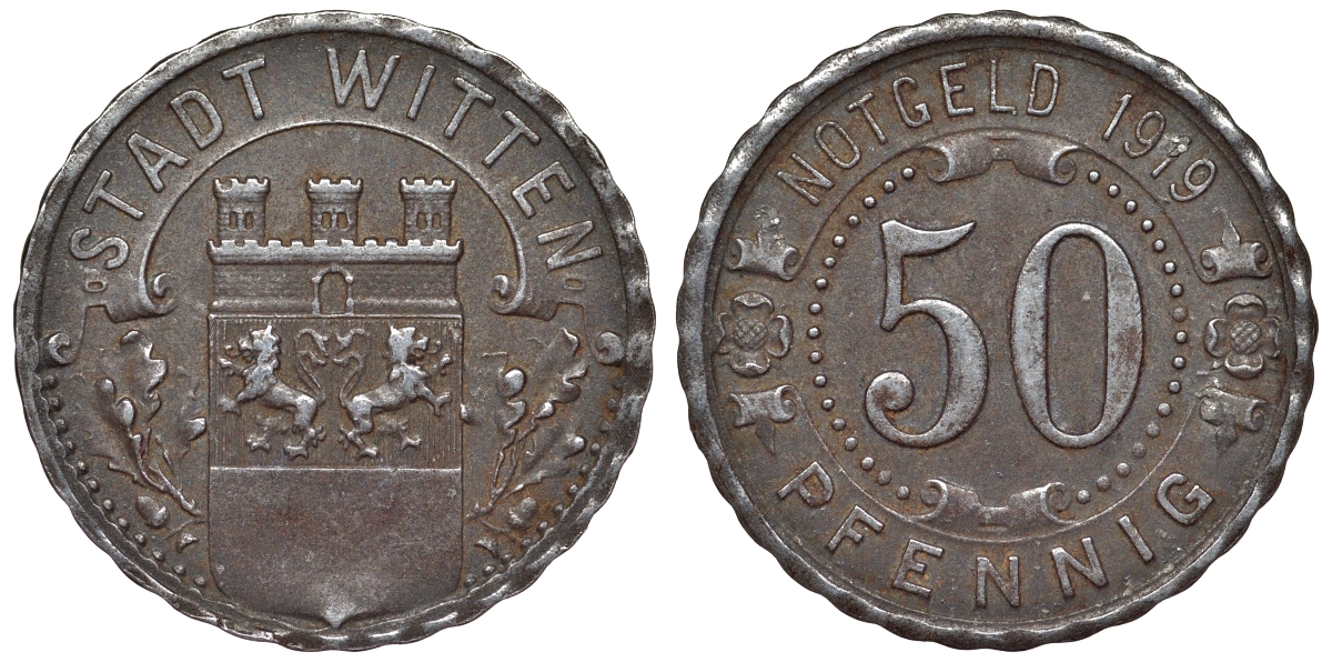 Германия, Виттен 50 пфеннигов 1919 Северный Рейн-Вестфалия, нотгельд Funck 604.6 железо 4121-511