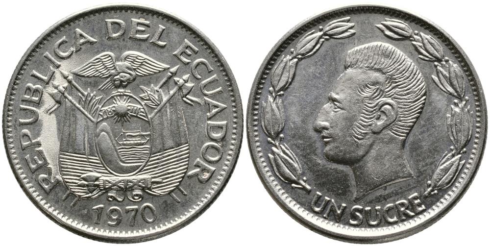 ЭКВАДОР 1 СУКРЕ 1970 АНТОНИО ХОСЕ де СУКРЕ KM 78b никелированная сталь 3336-627