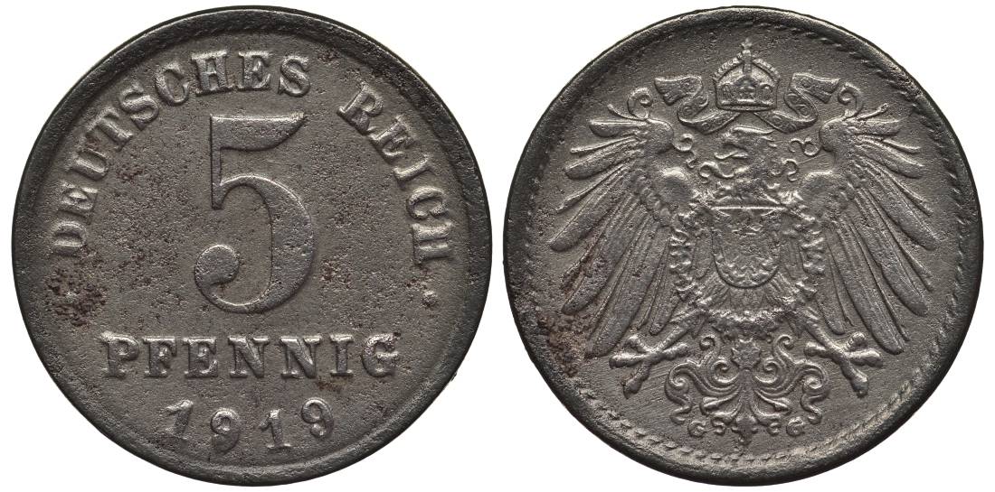 ГЕРМАНИЯ 5 ПФЕННИГОВ 1919 G KM 19, Jager 297, Weege 5 железо 4547-619