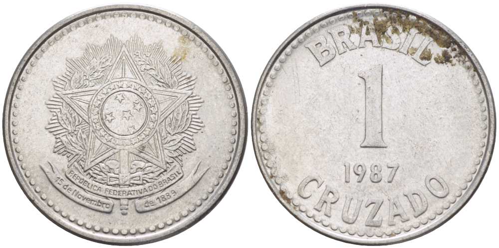 Бразилия 1 крузадо 1987 KM 605 нержавеющая сталь 217-1251