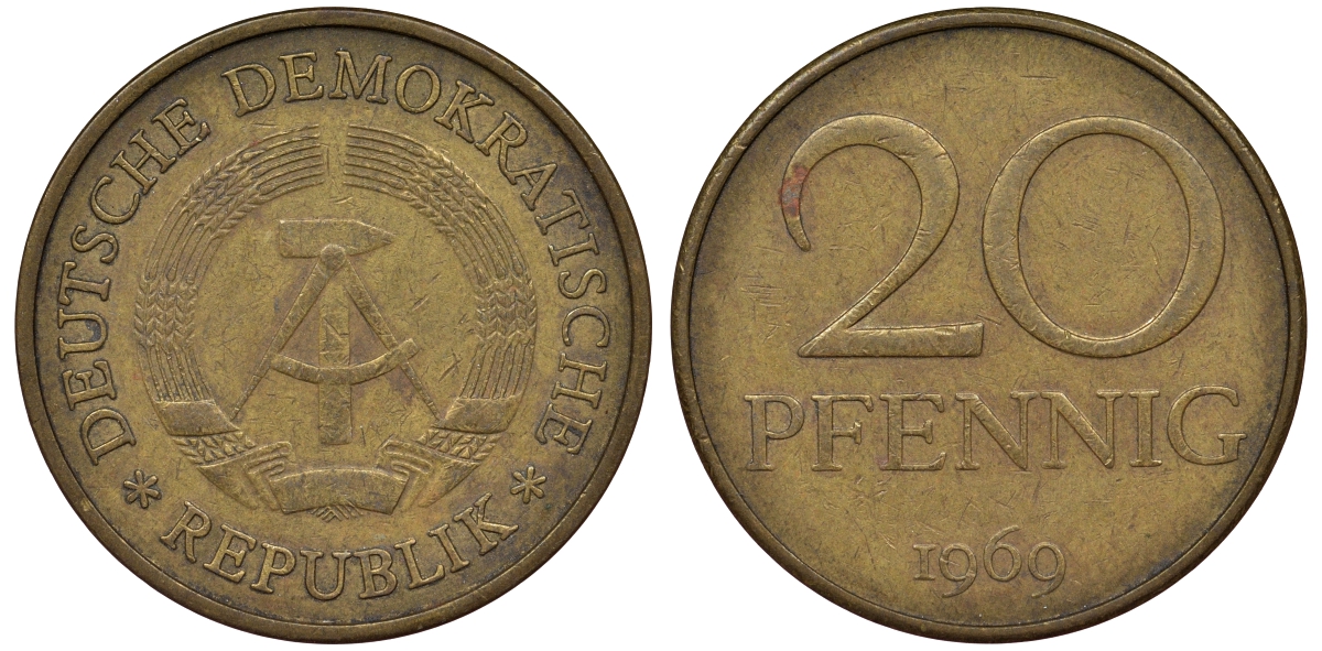 ГДР 20 пфеннигов 1969 А, первый год KM 11 латунь 62-955