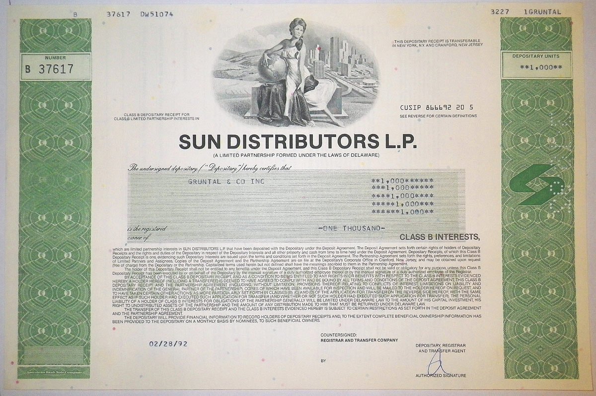 США, SUN DISTRIBUTORS L.P. 1000 АКЦИЙ 1992 США бумага 00-00