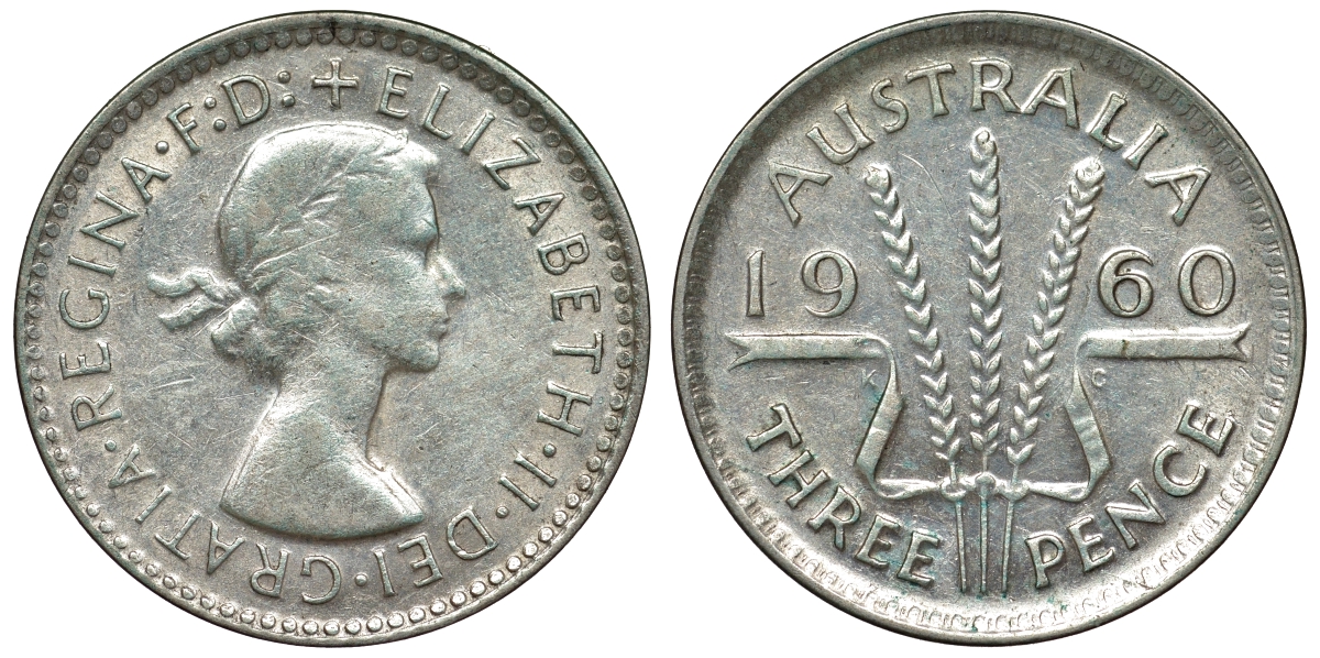 Австралия 3 пенса 1960 m, Елизавета II (1952-2022) KM 57 серебро 71-636
