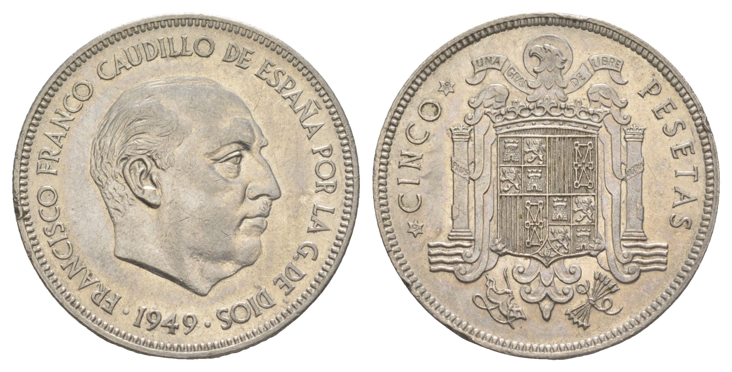 Испания 5 песет 1949 (49) Франсиско Франко (1939-1975), редкий год KM 778 медно-никель aUNC 4379-1215