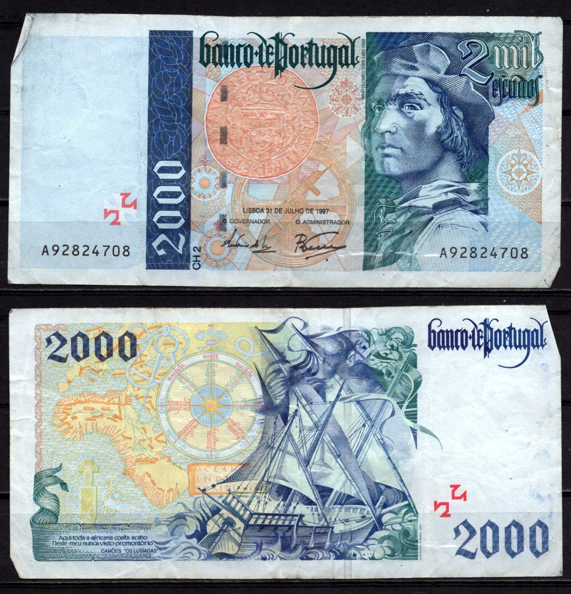 Португалия 2000 эскудо 1997 Бартоломеу Диаш, парусный корабль, карта Pick 189 c(4) бумага 6299-7-3-1