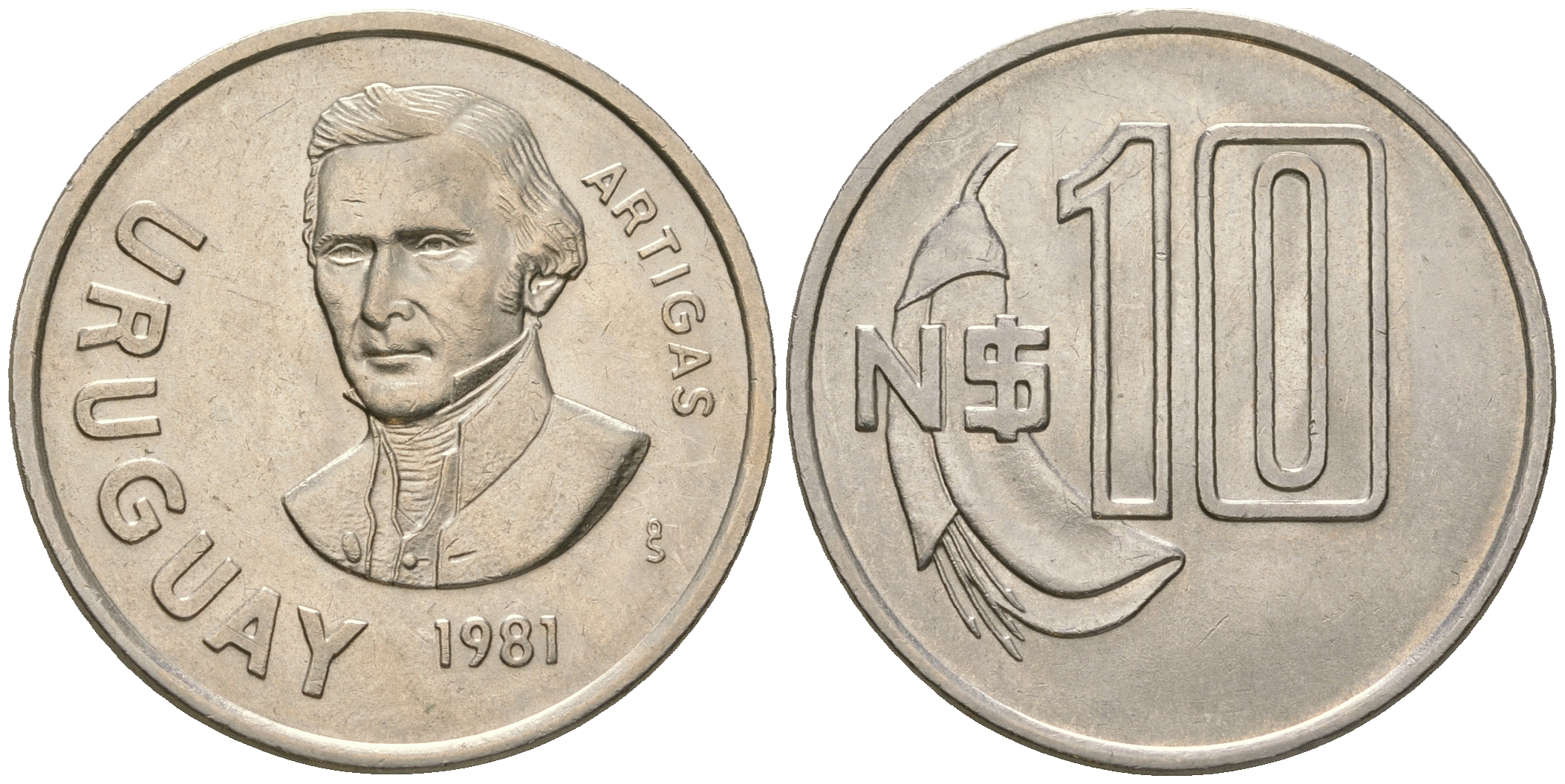 Уругвай 10 песо 1981 Хосе Хервасио Артигас KM  79, Schoen 55 медно-никель  UNC  4448-423