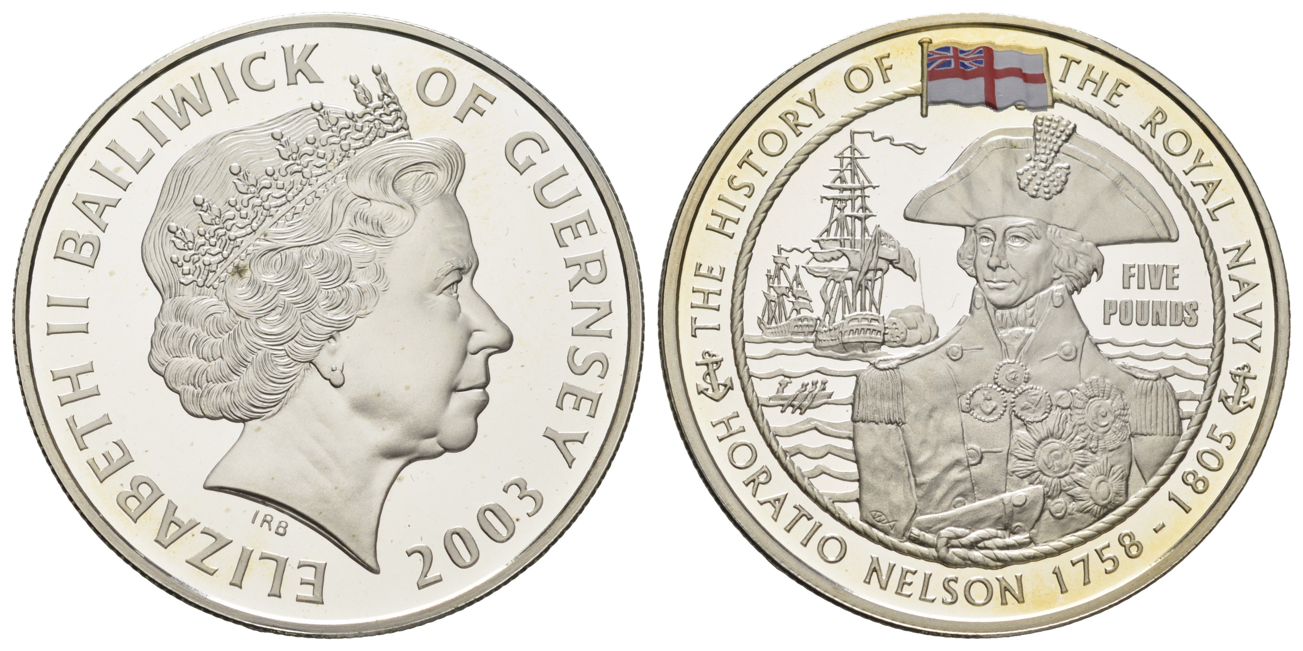 Гернси 5 фунтов 2003 История королевского флота - Горацио Нельсон KM 160a серебро PROOF 11-085-42