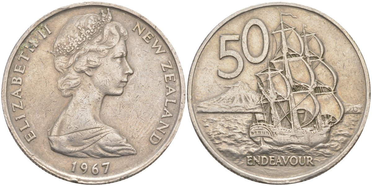 Новая Зеландия 50 центов 1967 Елизавета II (1952-2022), парусник Индевор KM 37.1 медно-никель 3855-1044