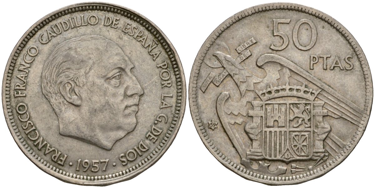 Испания 50 песет 1957 (59) Франсиско Франко (1939-1975) KM 788 медно-никель 4599-113