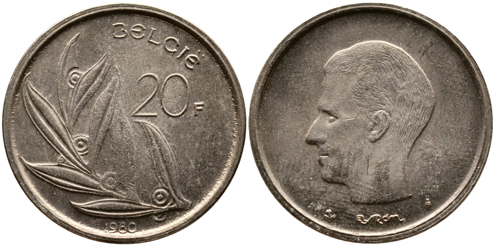 БЕЛЬГИЯ 20 ФРАНКОВ 1980 BELGIE, БОДУЭН I (1951-1993) KM 160 никель бронза 4388-1225