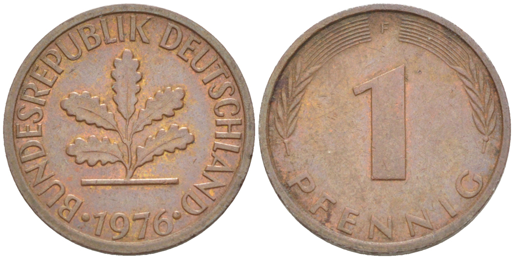 ФРГ 1 ПФЕННИГ 1976 F KM 105, J. 380 сталь плакированная медью 4181-623