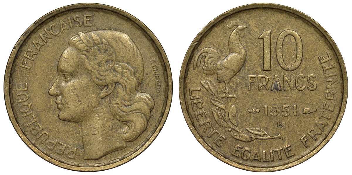 Франция 10 франков 1951 B, петух KM 915.2, Le Franc 363.5 алюминиевая бронза 4128-451