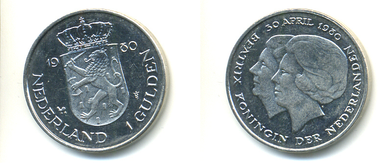 Нидерланды 1 гульден 1980 на коронацию Беатрикс, 30 апреля 1980 KM 200 никель 83-817