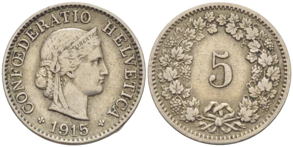 ШВЕЙЦАРИЯ 5 РАППЕНОВ 1915 В KM 26 медно-никель 3955-1132