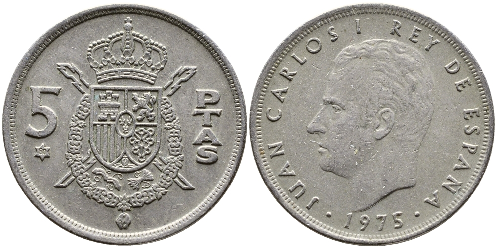 Испания 5 песет 1975 (80) Хуан Карлос I (1975-2014) KM 807 медно-никель 4384-135