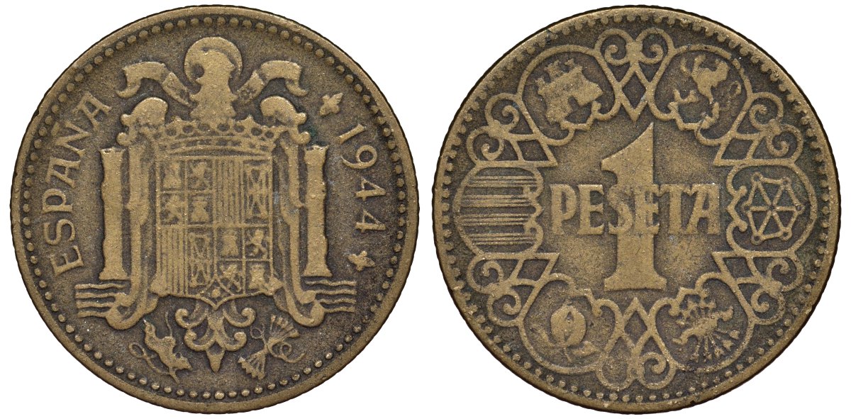 Испания 1 песета 1944 Франсиско Франко (1939-1975) KM 767 алюминиевая бронза 4176-126