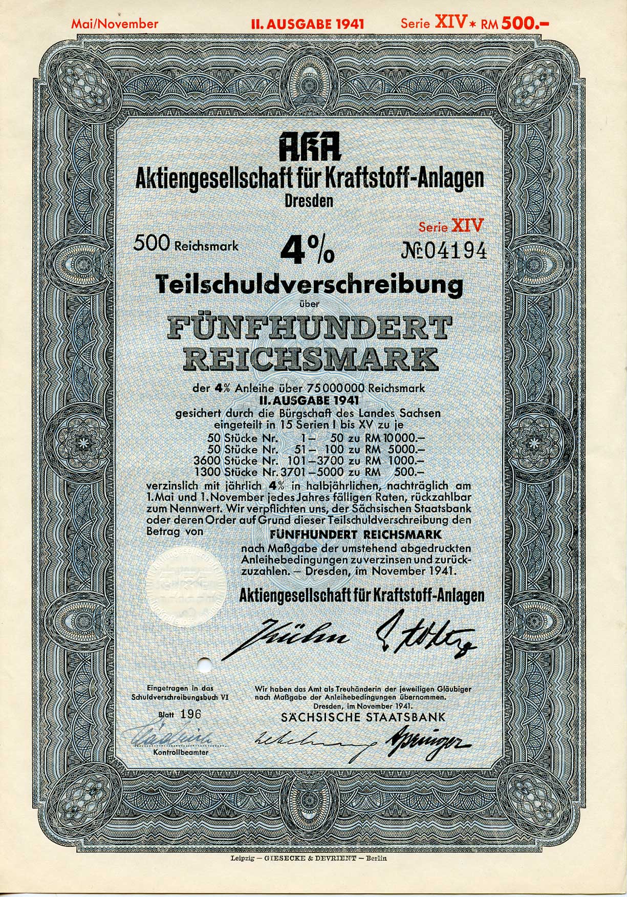 Германия 500 рейхсмарок 1941 АО топливных заводов, Дрезден, также известное как AKA, 4% частичное обязательство, облигация   бумага   8803-37-1