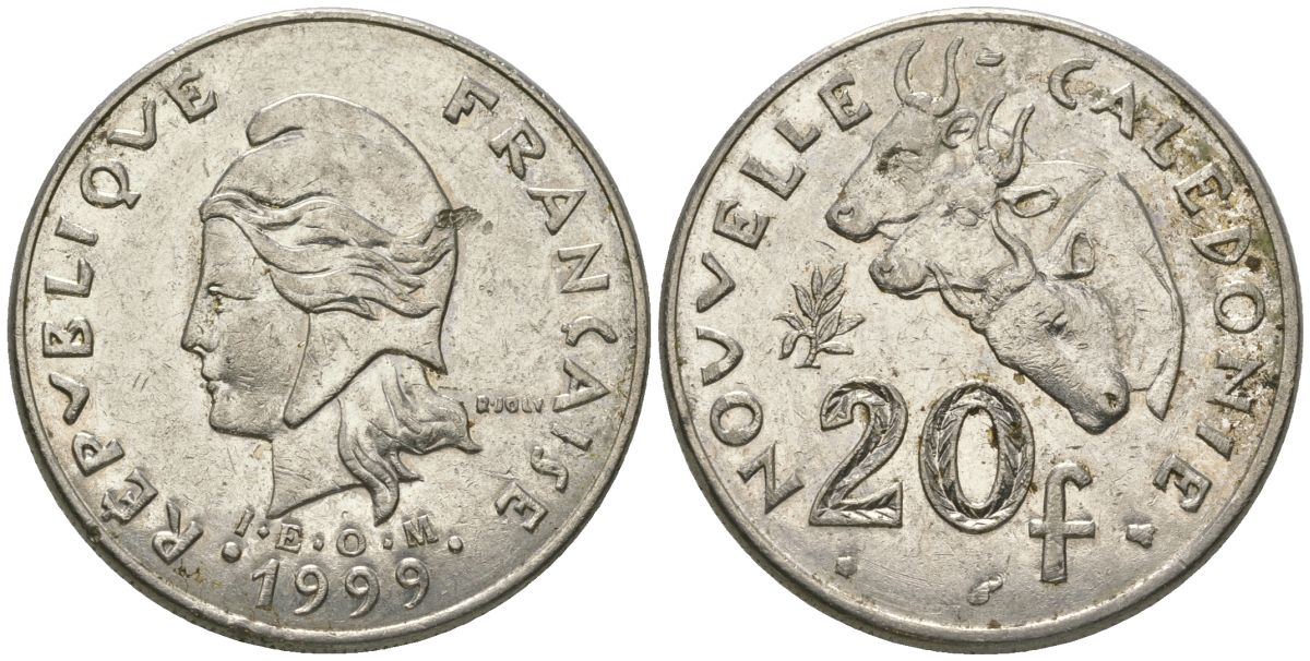 Французская Новая Каледония 20 франков 1999 три быка, (IEOM) KM 12, Schoen 14, Lec 115c никель 81-332