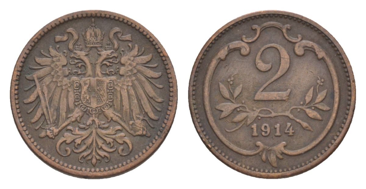 Австрия 2 геллера 1914 Франц Иосиф I (1848-1916) KM 2801 бронза 4632-634