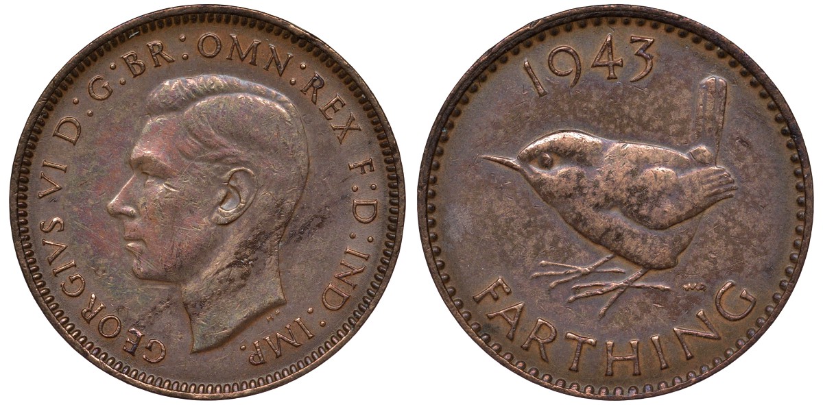 Великобритания 1 фартинг 1943 Георг VI (1936-1952) KM 843, Spink 4116 бронза 4122-656