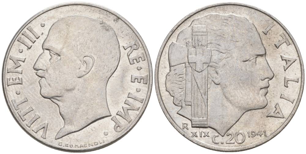 ИТАЛИЯ 20 ЧЕНТЕЗИМО 1941 R, ГОД XIX, ВИКТОР ЭММАНУИЛ III (1900-1946) KM 75b, VEM3. 1028 нержавеющая сталь 3853-751