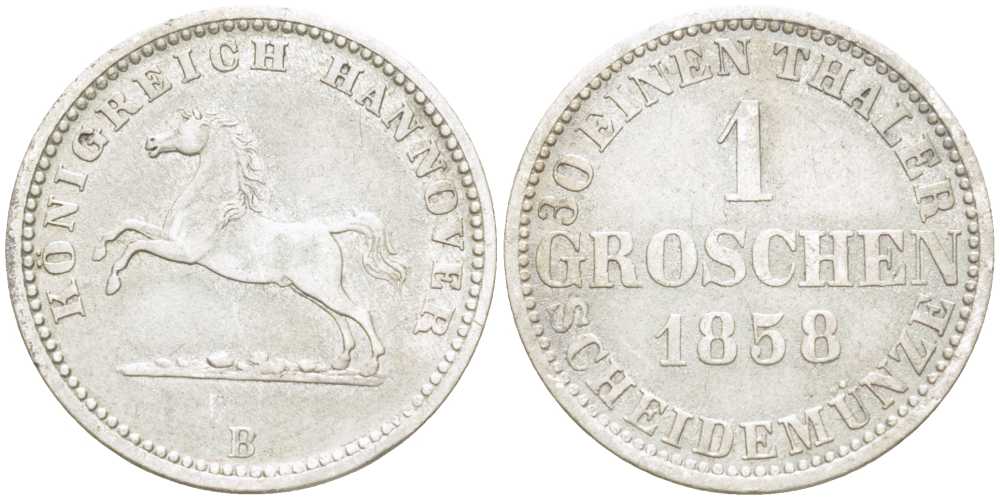 Брауншвейг-Каленберг-Ганновер 1 грош 1858 В, Георг V (1851-1866) KM 236, Jaeger 93, AKS 149 серебро 206-328