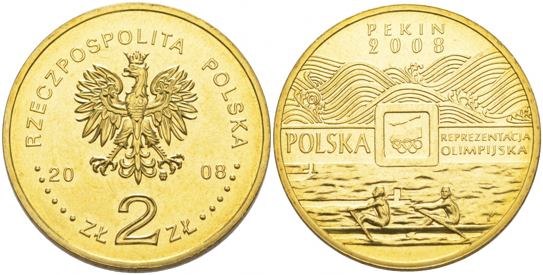 Польша 2 злотых 2008 XXIX Летние Олимпийские игры 2008 года в Пекине, гребля KM 644 латунь UNC M9-05