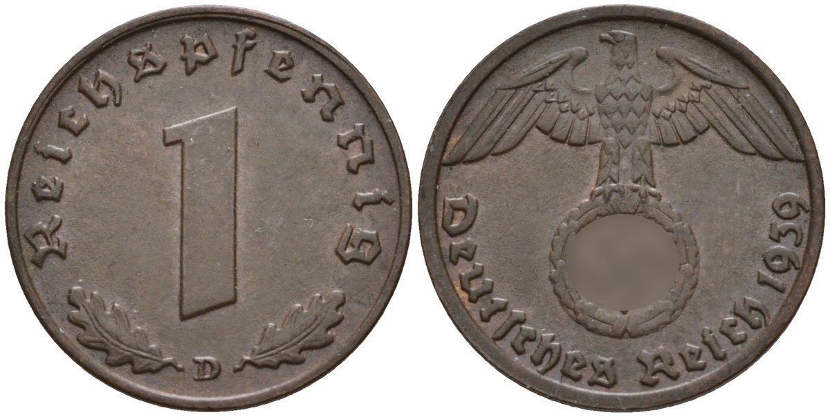 Германия 1 рейхспфенниг 1939 D KM 89, J. 361 бронза 4147-1169
