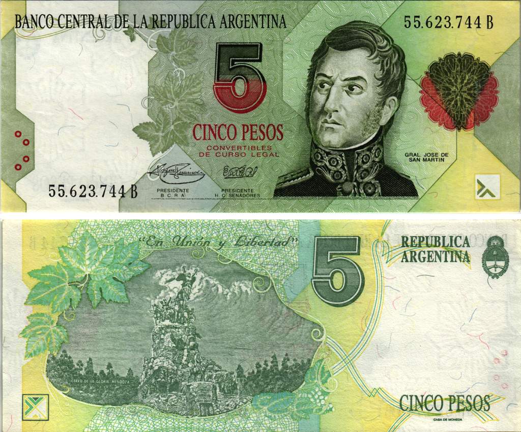 АРГЕНТИНА 5 ПЕСО 1995 СЕРИЯ 55623, ГЕНЕРАЛ САН-МАРТИН Pick 341, Bottero 3030 бумага XF 8615-51-3-2